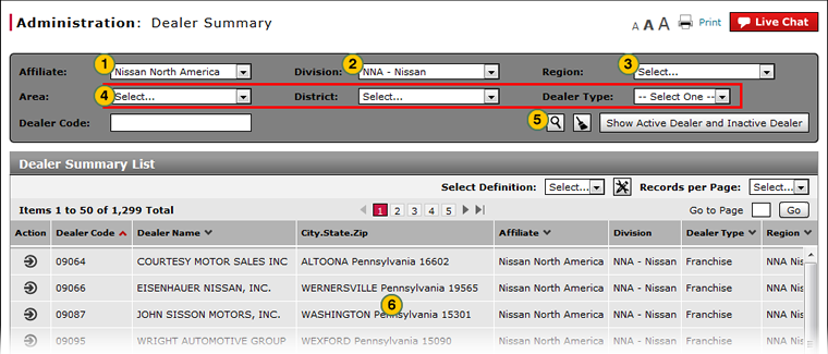 Dealer Summary page - filter values